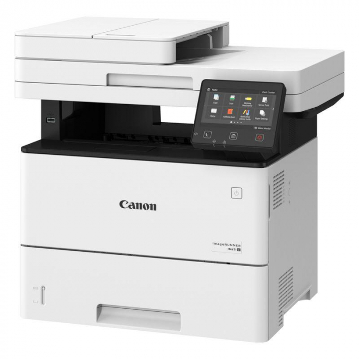 Multifunctional laser mono Canon Image Runner 1643I II, dimensiune A4 (Printare, Copiere, Scanare), viteza 43 ppm, duplex, rezolutie max 1200x1200dpi, memorie 1GB RAM, processor: 800 Mhz x 2, alimentare hartie standard 650 coli, max 2300 coli, UFR II, PCL6, PCL5, Adobe® PostScript® 3,imprimare de pe USB((JPEG/TIFF/PDF), impriamre securizata, copiere 43 ppm, pana la 999 copii, marire-micsorare 25-400%, scanare color rezolutie optica 600X600 dpi, scanare catre e-mail, PC, USB, FTP, cloud, DADF 50 coli, volum de printare max 80000 pagini/luna, ecran LCD tactil 12.7cm, interfata: USB 2.0 , Retea, Wireless, Wireless Direct Connection, TONERELE NU SUNT INCLUSE IN PACHET, consumabil: T06 (20500 pagini), optional: sertar 550 coli-Paper feeder PF-C1, card reader: MiCard Attachment kit-B1, Copy Card Reader-F1, Copy Card Reader Attachment-J1, Barcode Printing:  Barcode Print Kit-E1E, Control I/F Kit-C1. [1]