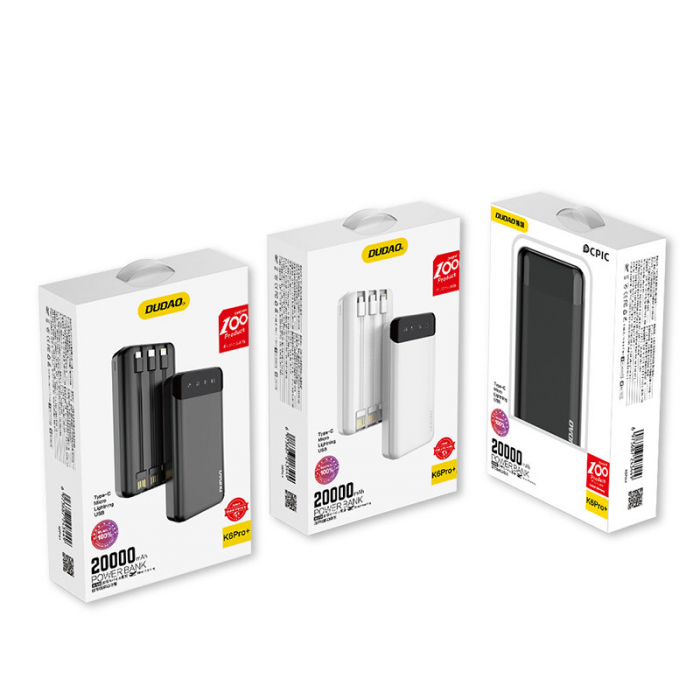 Powerbank Dudao cu 3 cabluri incorporate 20000mAh USB Type C + micro USB + Lightning white (Dudao K6Pro +) [6]