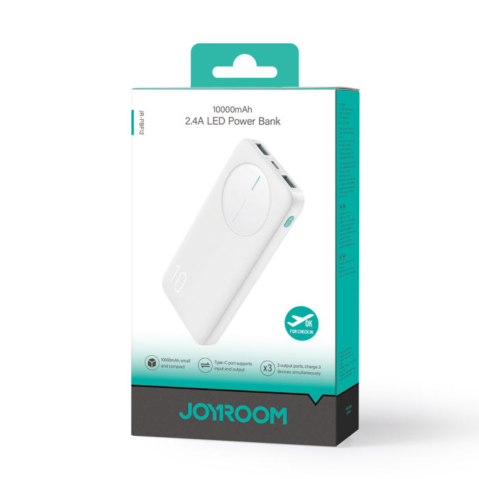 Powerbank Joyroom JR-PBF12 10000mAh – Încărcare Rapidă 2.4A, 2x USB-A, USB-C, Design Subțire, Alb [7]