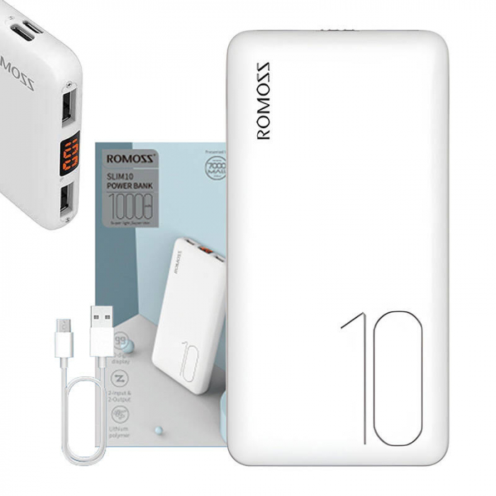 Powerbank Romoss PSP10 10000mAh, Încărcare Rapidă, USB-C & MicroUSB, Design Compact – Alb [2]