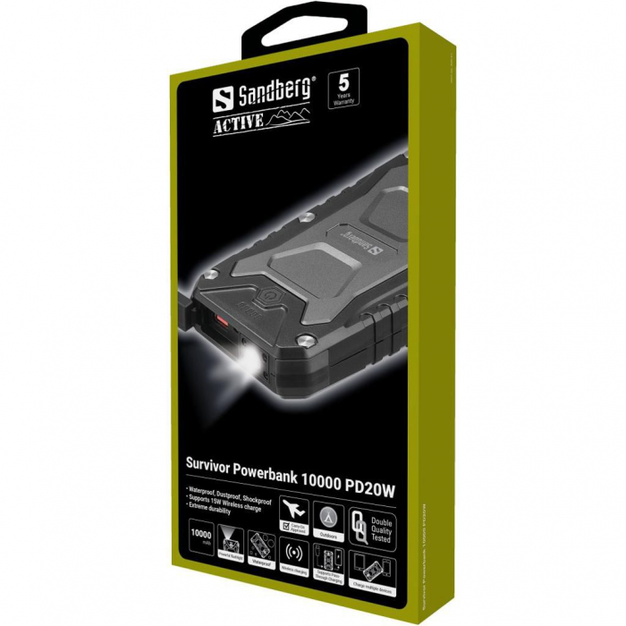 Powerbank Sandberg Survivor 10000mAh – USB-C PD 20W, Încărcare Rapidă, Carcasă Rezistentă din Aluminiu, Ideal pentru Aventuri Outdoor [7]