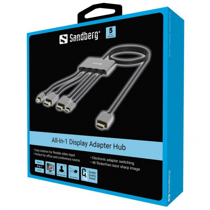 Adaptor Sandberg All‑In‑1 Display Hub – HDMI, USB-C, DisplayPort, Mini DP, 4K@60Hz, cablu 2m inclus, ideal pentru conferințe și birouri [8]
