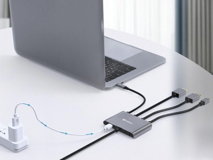 Adaptor Sandberg All‑In‑1 Display Hub – HDMI, USB-C, DisplayPort, Mini DP, 4K@60Hz, cablu 2m inclus, ideal pentru conferințe și birouri [6]