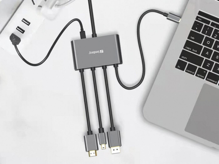 Adaptor Sandberg All‑In‑1 Display Hub – HDMI, USB-C, DisplayPort, Mini DP, 4K@60Hz, cablu 2m inclus, ideal pentru conferințe și birouri [7]