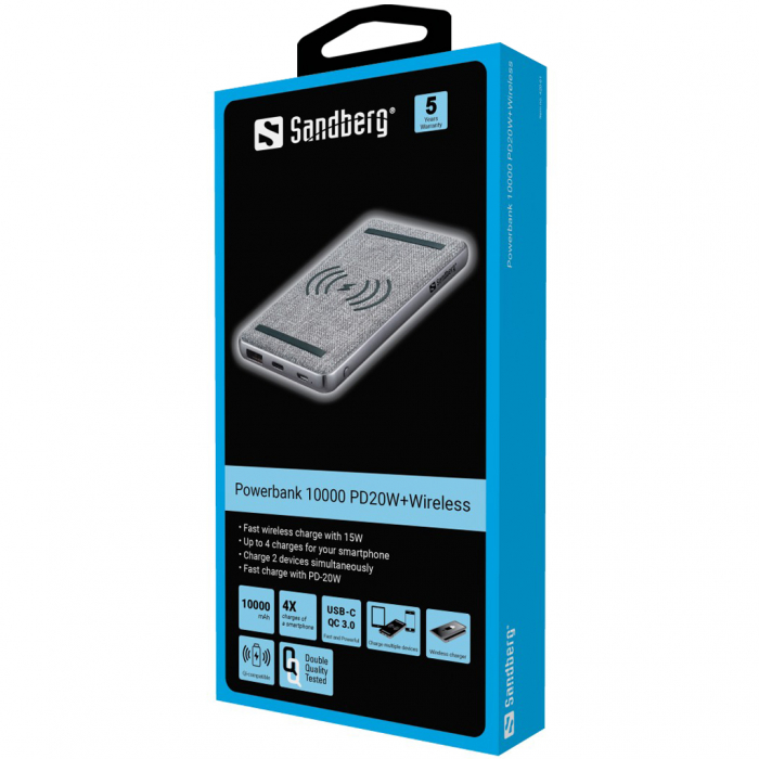 Powerbank Sandberg 10000 mAh PD 20W cu Încărcare Wireless 15W, Port USB-C, USB-A și Dual Charging pentru Telefoane și Dispozitive Electronice [2]