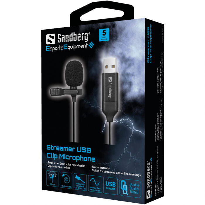 Microfon USB cu clip Sandberg Streamer, calitate audio clară pentru streaming și întâlniri online, microfon lavalier omnidirecțional cu cablu de 3m, [4]