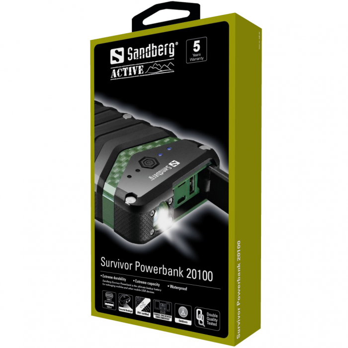 Powerbank Sandberg Survivor 20100 mAh – Încărcare Rapidă, IP67, Lanternă, 2 Dispozitive [5]