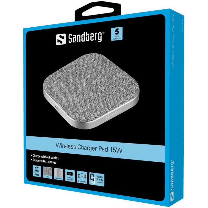 Încărcător wireless Sandberg Pad 15W, încărcare rapidă pentru dispozitive compatibile Qi, design compact și eficient [2]