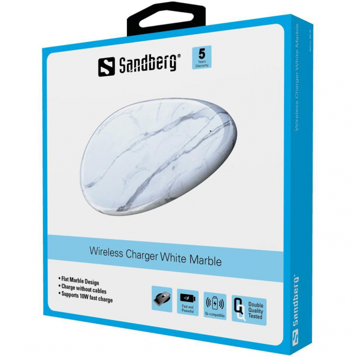 Încărcător Wireless Sandberg Qi, 15W Fast Charge, Design Marmură Albă, Compatibil iPhone & Android [2]
