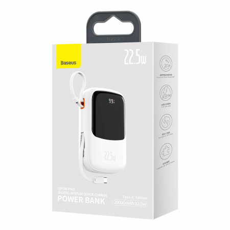 Baseus Qpow Digital Display powerbank with fast charging 20000mAh 22.5W QC/PD/SCP/FCP with built-in USB-C cable white [9]