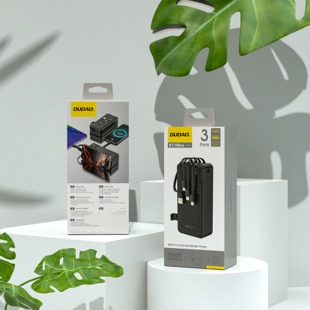 Baterie externă Dudao K11 Max 30000mAh – Cabluri Încorporate, Lanternă LED, Încărcare Rapidă, USB-A & USB-C, Negru [4]