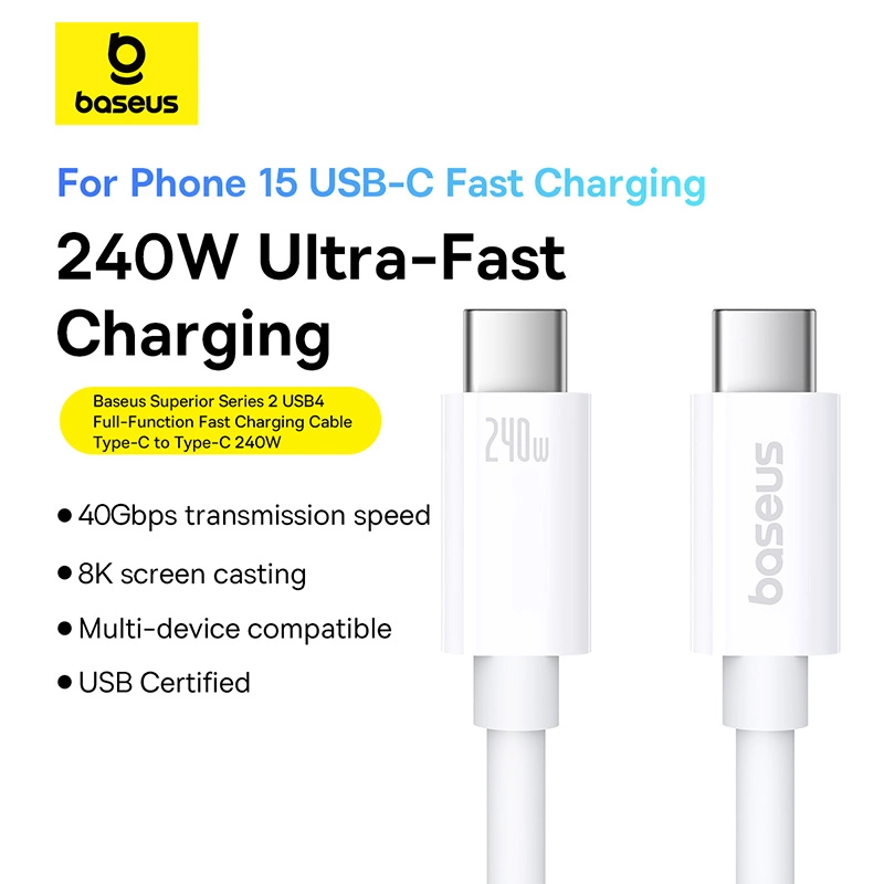 USB-C - Cablu de date Baseus CB000066 USB-C - USB-C 240W PD 8K 60Hz 1m - alb