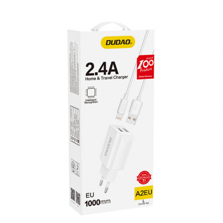 Dudao EU incarcator 2x USB 5V / 2.4A + Lightning cable white (A2EU + Lightning white) [1]