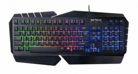 Tastatura gamig Serioux Andor, 104 taste, 19 taste Anti-ghosting , design ergonomic, iluminare rainbow, structura metalica neagra, taste negre, design cu palm rest, cablu USB 1.5M PVC, plug and play, compatibila cu Windows 2000/XP/9X/VISTA/7/8/10 [1]