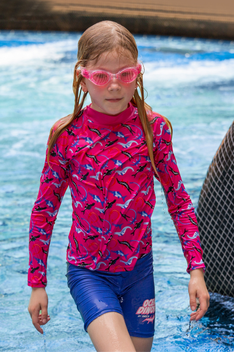 Costum baie copii 2 piese, Ocean Dinos, protectie UV 50+, roz/albastru, 152 cm [8]