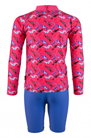 Costum de inot, Copii, 2 piese, Ocean Dinos, protectie UV 50+, 80 cm, Roz/Albastru [2]