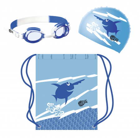 Accesorii de inot - Set de inot, Copii, Casca+Ochelari+Saculet echipament, Albastru