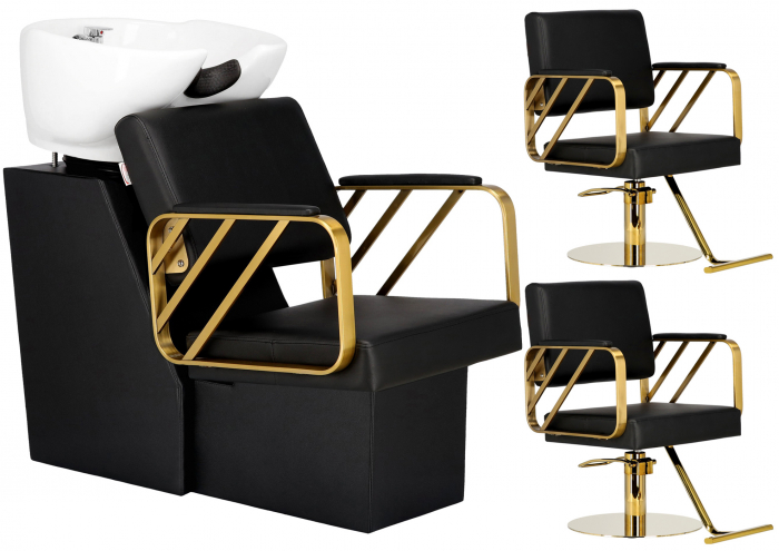Set Mobilier salon frizerie cu 3 scaune coafor, 1 scafa, 3 oglinzi Led cu Auriu, 2 ucenici [2]