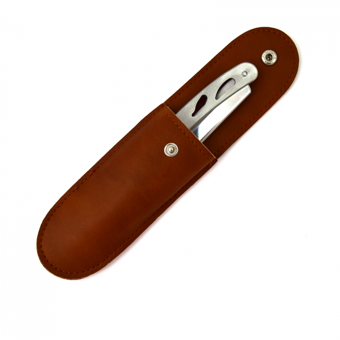 Brici barbierit inox cu husa piele ecologica maro si 5 lame [2]