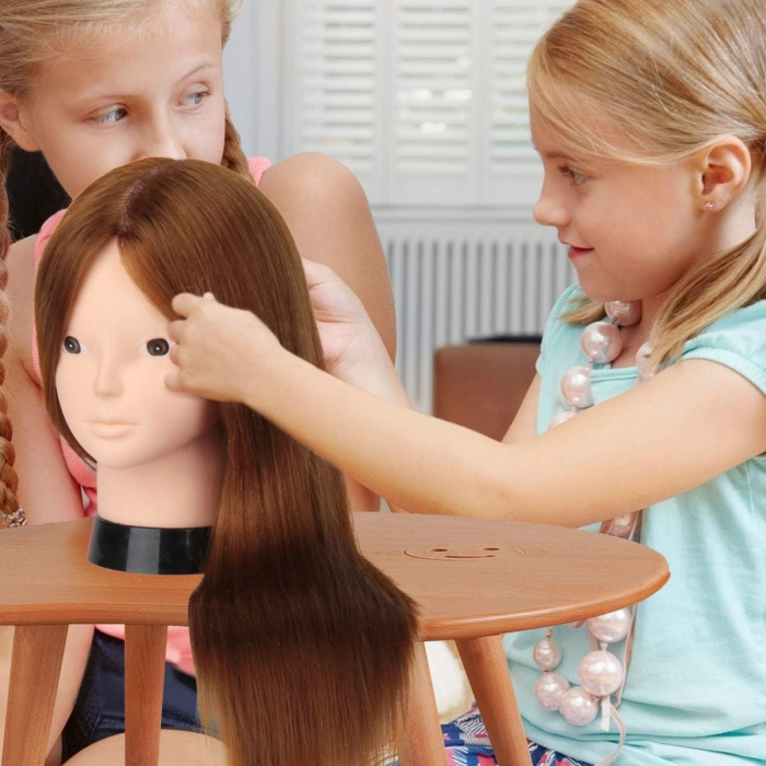 Cap de practică manechin cu păr natural uman, 55 cm, termorezistent, saten – ideal pentru tuns și coafat [4]