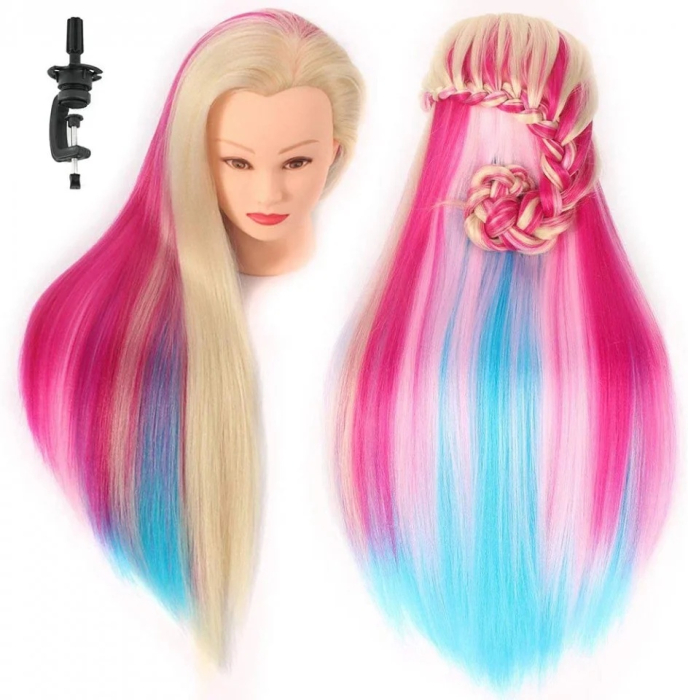 Cap de practică manechin cu păr sintetic 60 cm blond cu suvite albastre si fuxi– pentru tuns, coafat, împletituri, accesorii incluse [2]