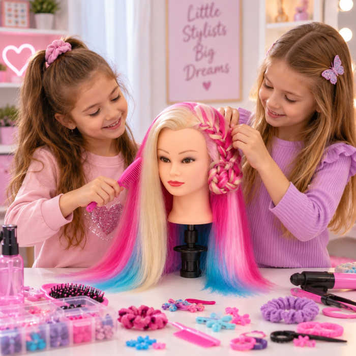 Cap de practică manechin cu păr sintetic 60 cm blond cu suvite albastre si fuxi– pentru tuns, coafat, împletituri, accesorii incluse [3]