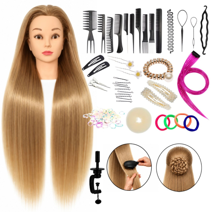 Cap de practică manechin cu păr sintetic 60 cm blond – pentru tuns, coafat, împletituri, accesorii incluse + suport de masă [2]
