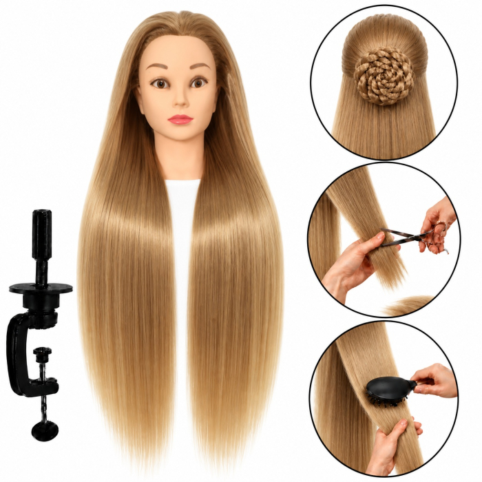 Cap de practică manechin cu păr sintetic 60 cm blond – pentru tuns, coafat, împletituri, accesorii incluse + suport de masă [4]