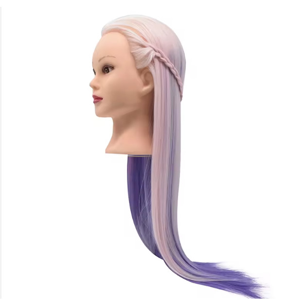 Cap practică manechin coafor 60 cm – păr sintetic Roz cu Mov, pentru frizerie, tuns, cocuri și împletituri, cu suport masă [2]