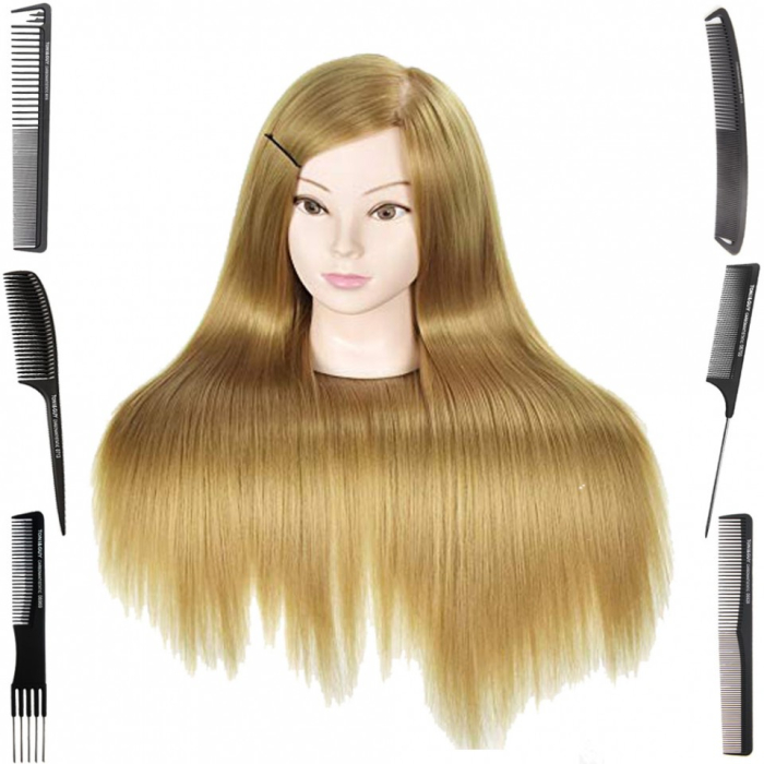 Cap practica manechin salon frizerie coafor Lung Des Sintetic 55cm Blond + 6 Piepteni carbon [6]