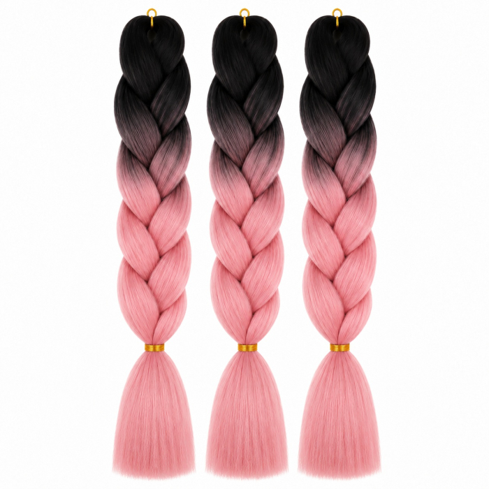 Extensii par sintetic coada jumbo Pink Ombre pentru impletituri negru roz [2]
