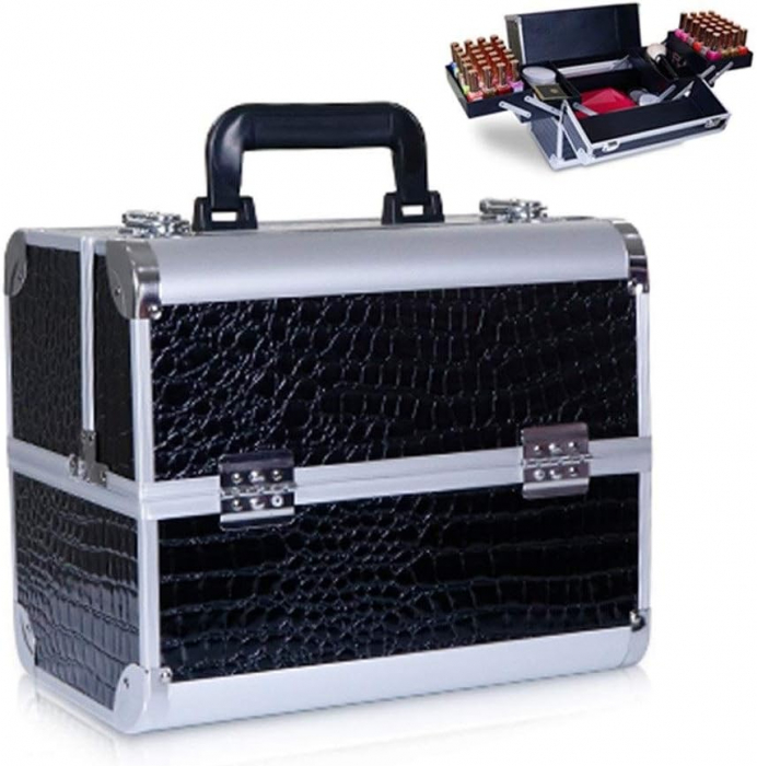 Geanta cosmetice makeup, neagra, aspect crocodil, 32x21x26cm, pentru manichiuriste [5]
