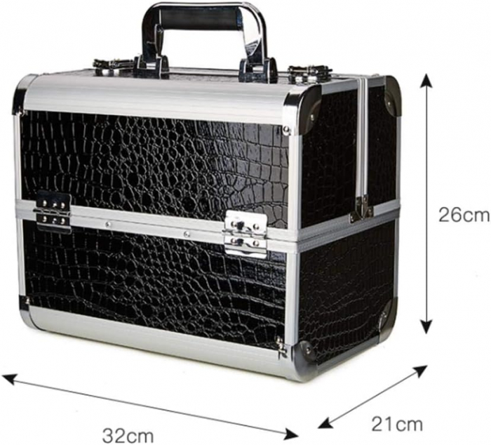 Geanta cosmetice makeup, neagra, aspect crocodil, 32x21x26cm, pentru manichiuriste [3]