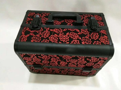 Geanta makeup profesionala, mare, pentru cosmetice, manichiura, din aluminiu, 36x23x26cm, neagra cu flori rosii [2]