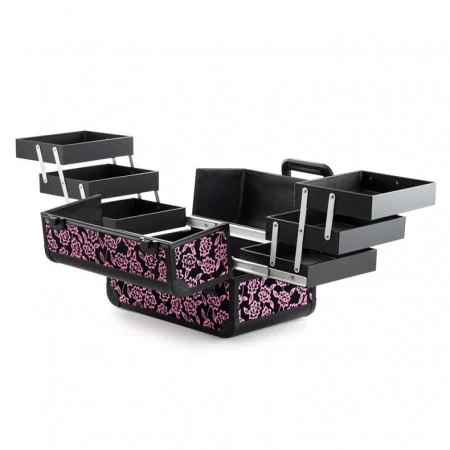 Geanta makeup profesionala, mare, pentru cosmetice, manichiura, din aluminiu, 36x23x26cm, neagra cu flori rosii [4]