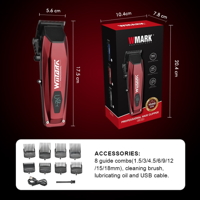 Mașină de Tuns Profesională WMARK NG-125 – 7500 RPM, Lame Inox 5Cr15 & Ceramică, Afișaj Digital, 8 Piepteni, Autonomie 150 min – Rosie [6]