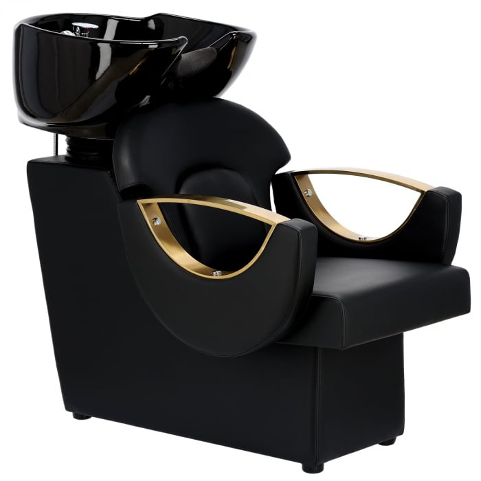Mobilier coafor cu 2 scaune frizerie negre aurii si scafa coafor profesionala [9]