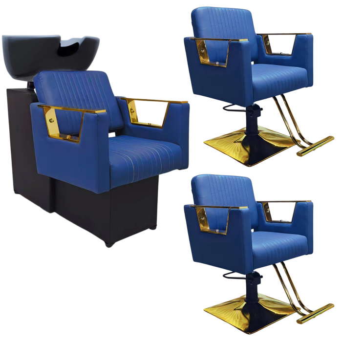 Mobilier frizerie cu scafă și 2 scaune coafor, Albastru închis cu Auriu Gold – Set profesional salon [1]