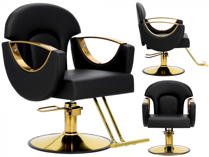 Mobilier salon coafura cu 2 scaune coafor si scafa frizerie, neagra cu auriu, Madera [4]
