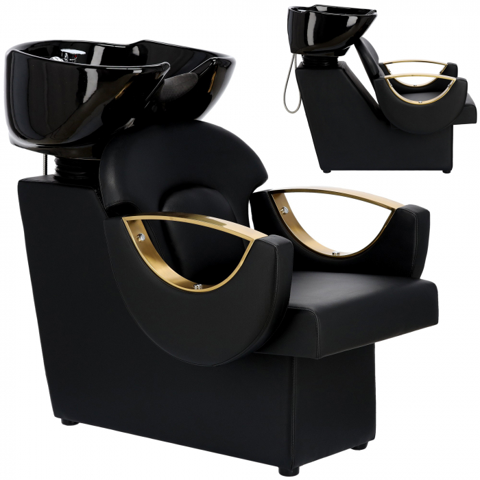 Mobilier salon coafura cu 2 scaune coafor si scafa frizerie, neagra cu auriu, Madera [5]
