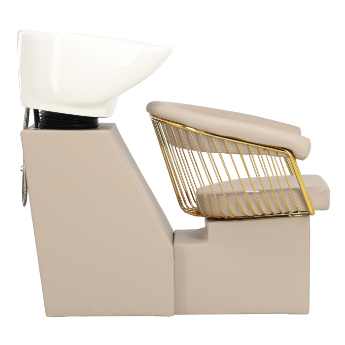 Mobilier salon coafura cu 2 scaune coafor si scafa frizerie profesionala, bej inchis cu auriu [2]