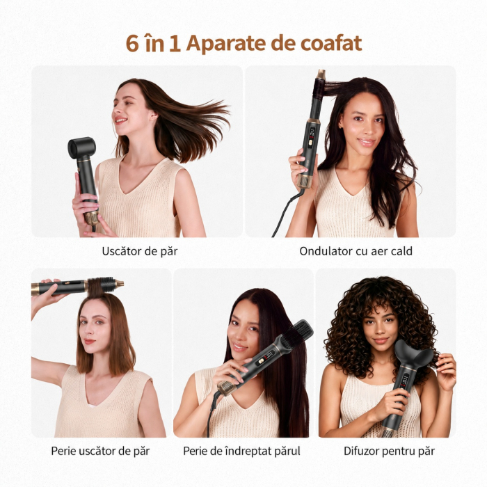 Ondulator automat cu aer cald, Aparat De Coafat pentru bucle Multifunctional 6 In 1, Uscator si perie volum, Multistyler par [4]