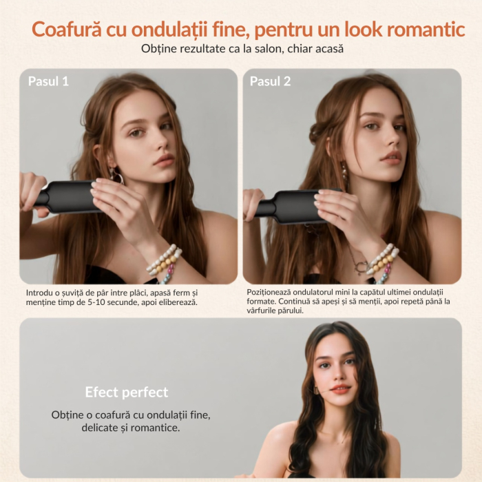 Ondulator de par in valuri pentru bucle, Placa profesionala de ondulat creponat Easy Waves, Negru Gold, Placi ceramice, 5 trepte temperatura [5]