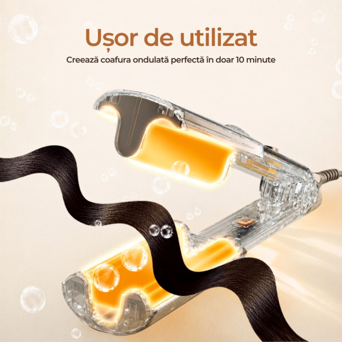 Ondulator de par in valuri pentru bucle, Placa profesionala de ondulat creponat Easy Waves, Negru Gold, Placi ceramice, 5 trepte temperatura [2]