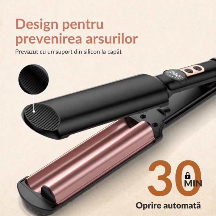 Ondulator de par in valuri pentru bucle, Placa profesionala de ondulat creponat Easy Waves, Negru Gold, Placi ceramice, 5 trepte temperatura [3]
