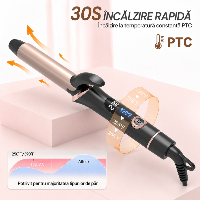 Ondulator de par profesional pentru bucle mari, 25 mm, Temperatură Reglabilă 120-200°C, Afișaj LCD, Negru cu Auriu [2]