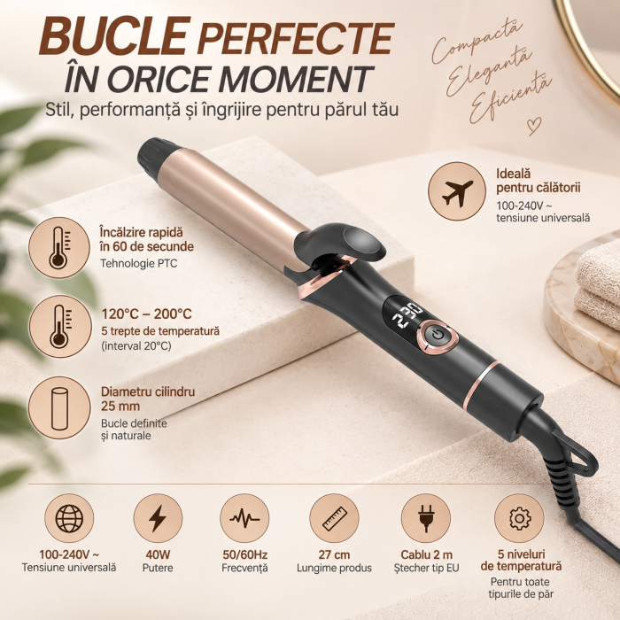 Ondulator de par profesional pentru bucle mari, 25 mm, Temperatură Reglabilă 120-200°C, Afișaj LCD, Negru cu Auriu [6]