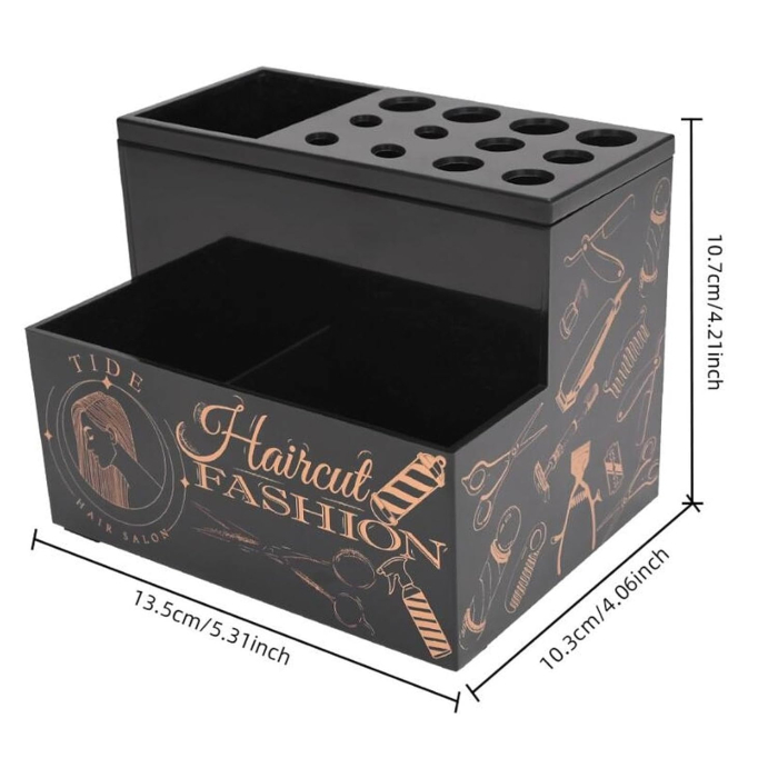 Organizator frizerie pentru ustensile – suport foarfece și perii, plastic dur, compartimentat, negru, 13.5×10.3×10.7 cm [3]