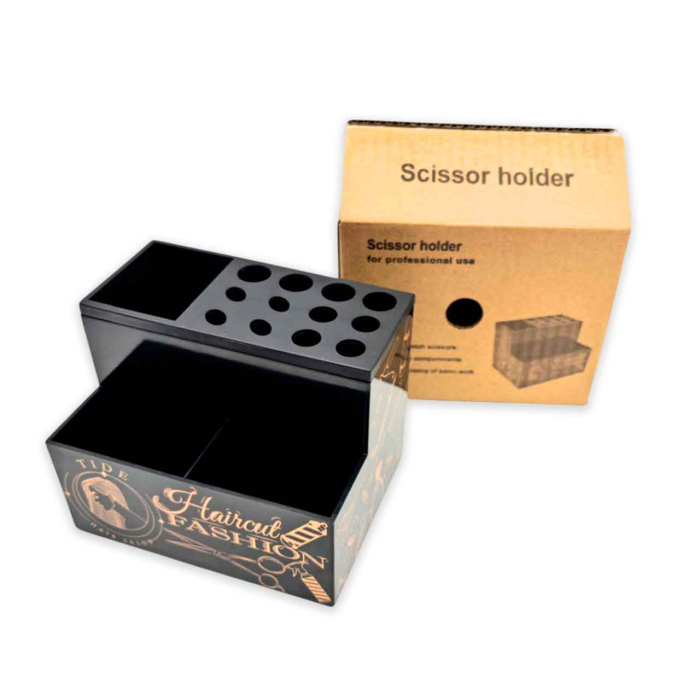 Organizator frizerie pentru ustensile – suport foarfece și perii, plastic dur, compartimentat, negru, 13.5×10.3×10.7 cm [5]