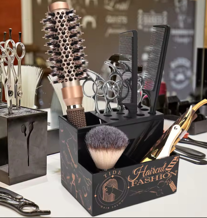 Organizator frizerie pentru ustensile – suport foarfece și perii, plastic dur, compartimentat, negru, 13.5×10.3×10.7 cm [6]